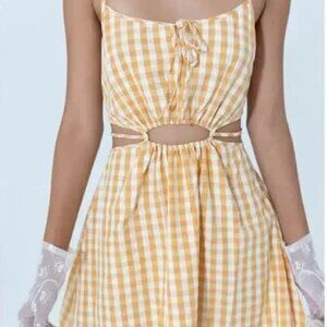 Find Me Now Gingham Sacha Mini Dress in Cornsilk with Cutouts and Pockets - M